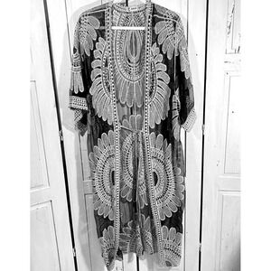 Asha Black Sheer Women M Mesh Embroidered Kimono Open Duster Beach Boho Festival
